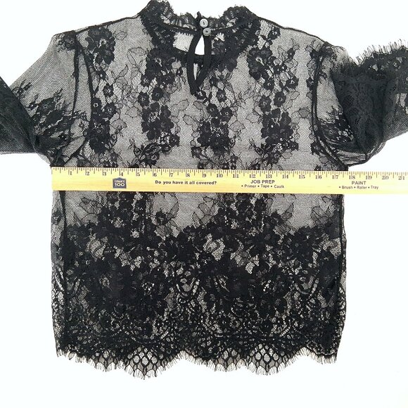 Black Sheer Floral Lace Top Mock Neck Eyelash Hem Keyhole Back Short Sleeve SZ L - Picture 7 of 8
